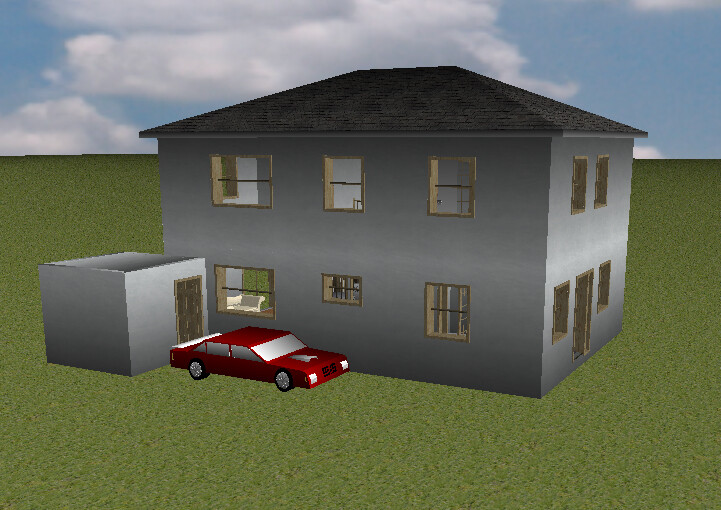 Graues zweistöckiges Haus mit dunklem Dach, rotes Auto vor Eingang und weißem Seitenanbau.