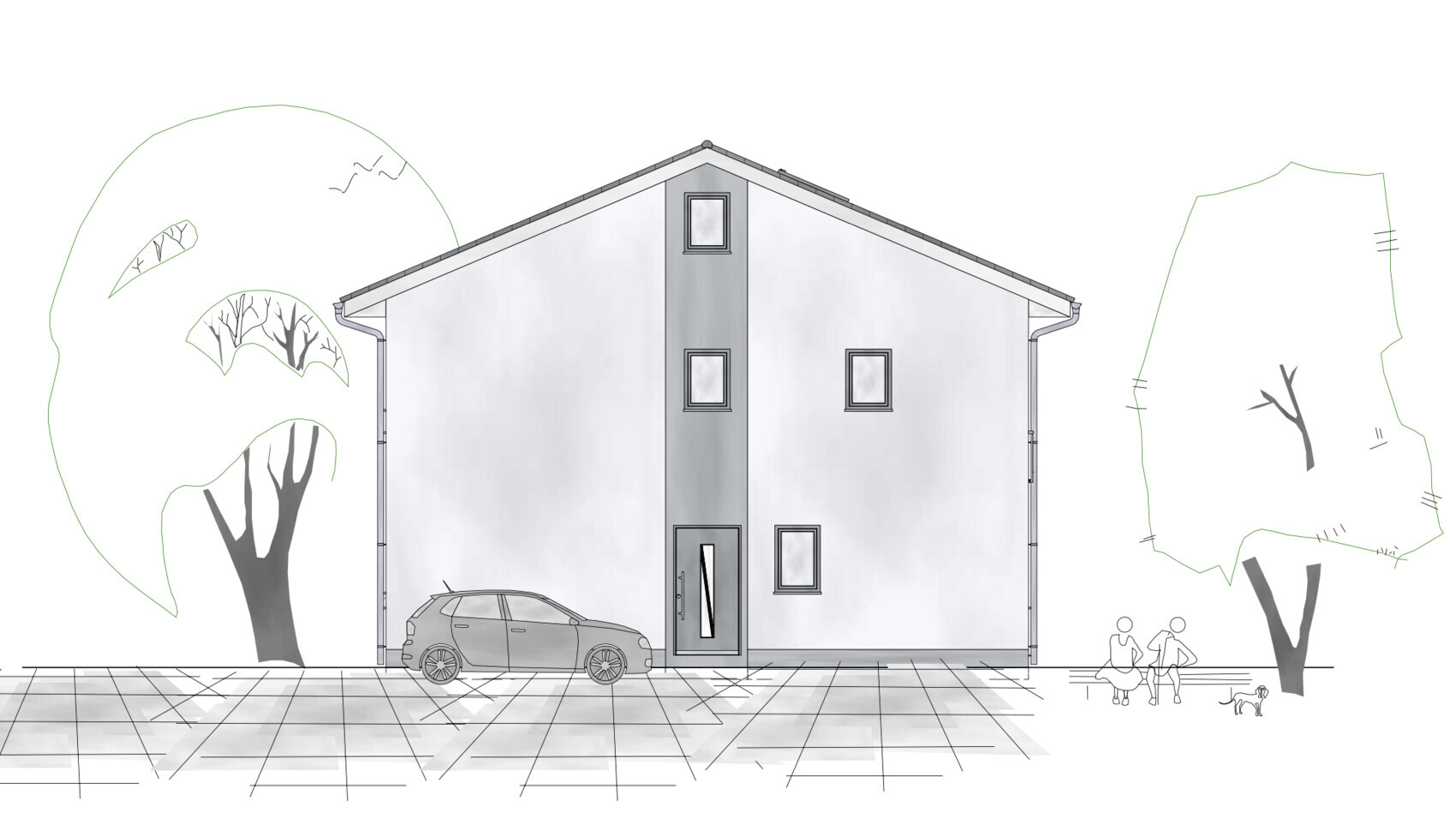 Frontansicht eines modernen zweigeschossigen Hauses mit Auto und Bäumen