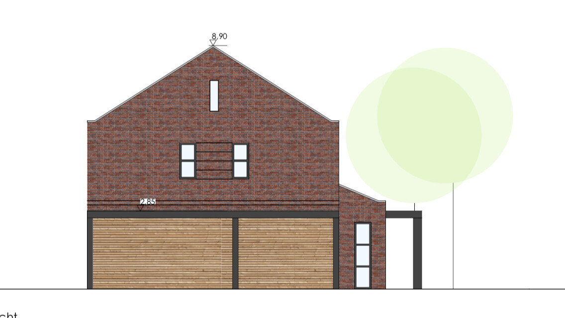 Frontansicht eines roten Backsteinhauses mit Garage und Holztoren