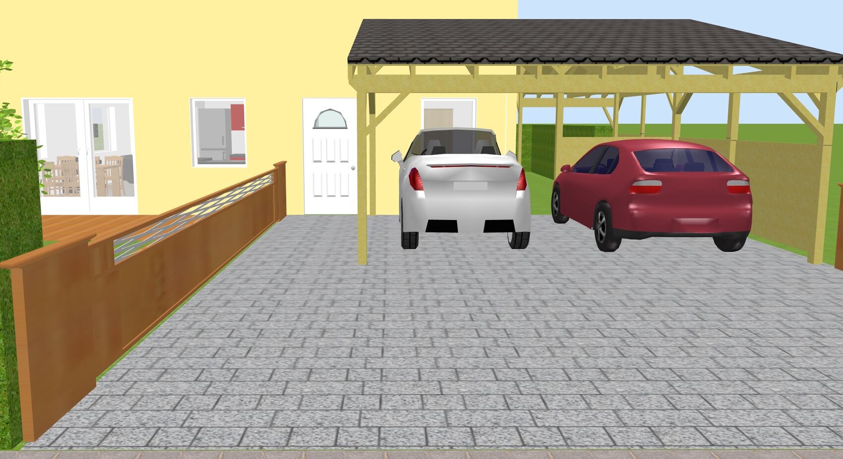 Weiße und rote Autos stehen unter einem Holcarport vor einem gelben Haus; gepflasterte Einfahrt.