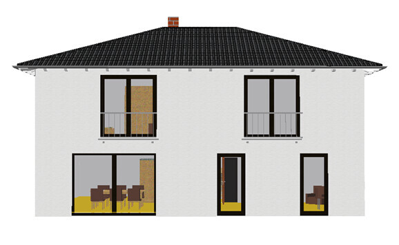 Vorderansicht eines zweistöckigen weißen Hauses mit großen Fenstern und Eingangstür.