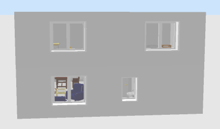 3D-Hausfront mit grauer Fassade und mehreren Fenstern