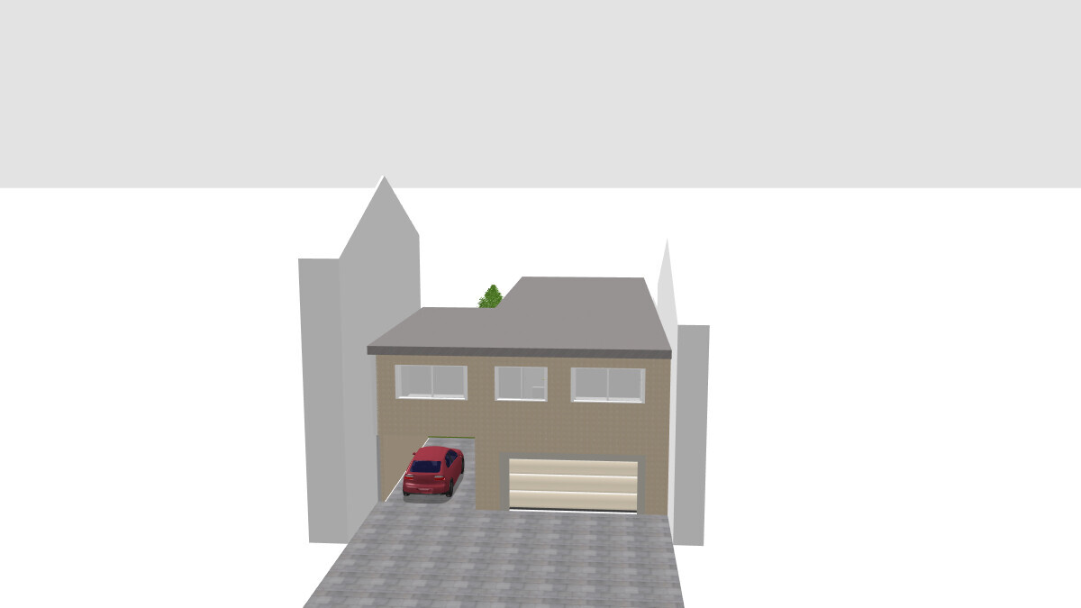 3D-Render einer Hausfront mit Garage, gepflasterter Einfahrt und rotem Auto