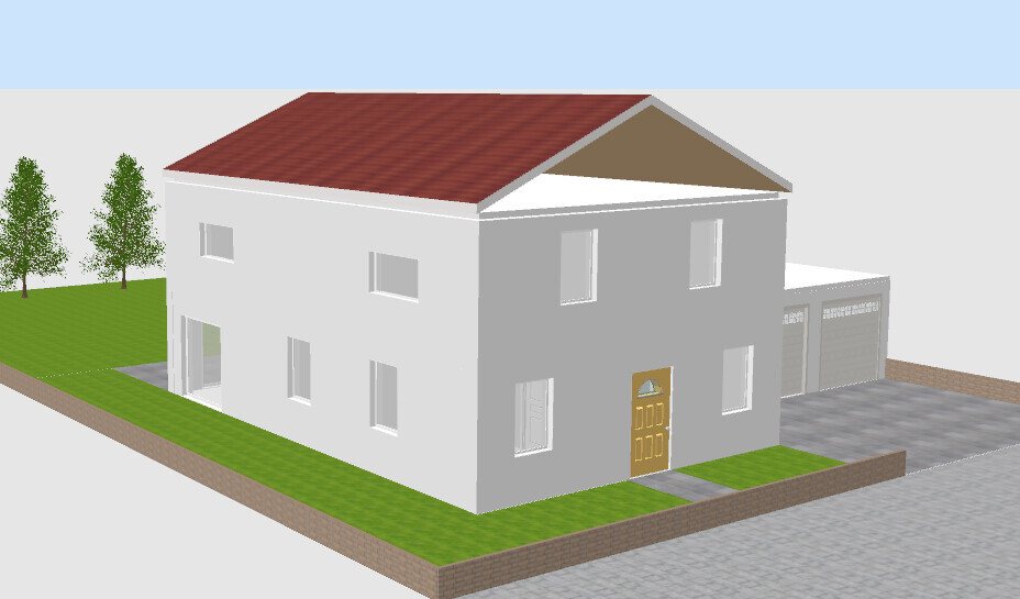 3D-Rendering eines zweistöckigen Hauses mit Garage, Eingangstür und Garten.