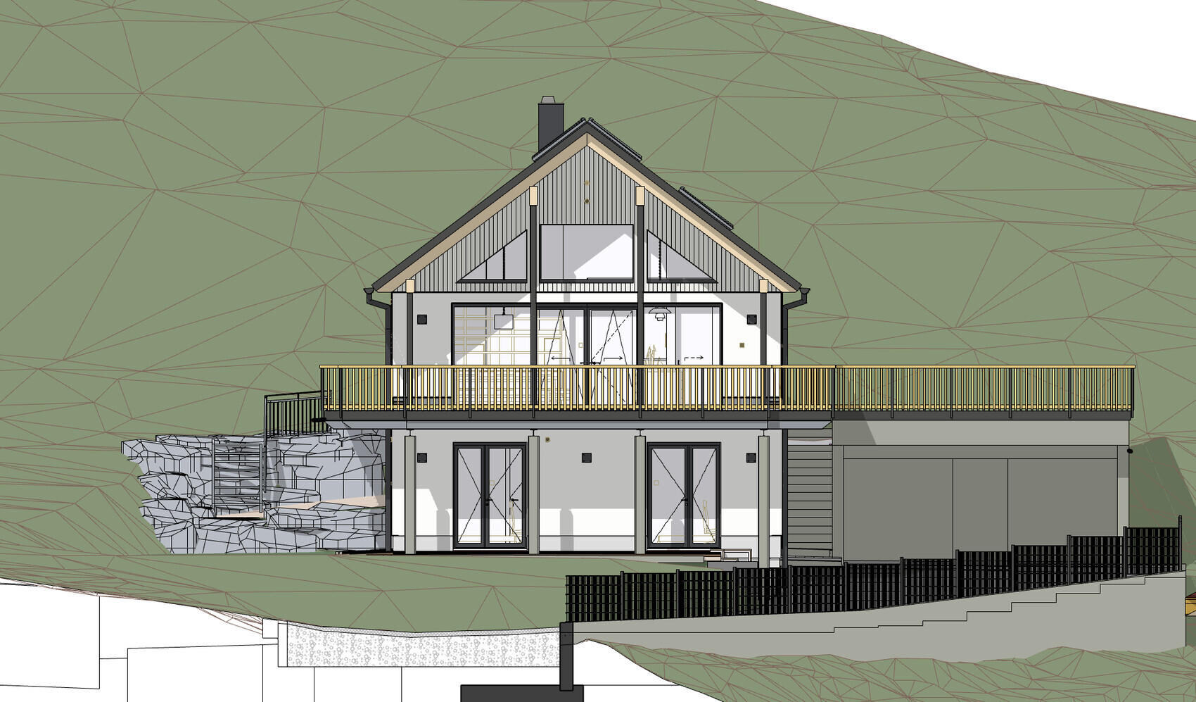 Architekturmodell eines zweistöckigen Hauses mit Giebel, großer Terrasse und Geländer auf Hanglage.