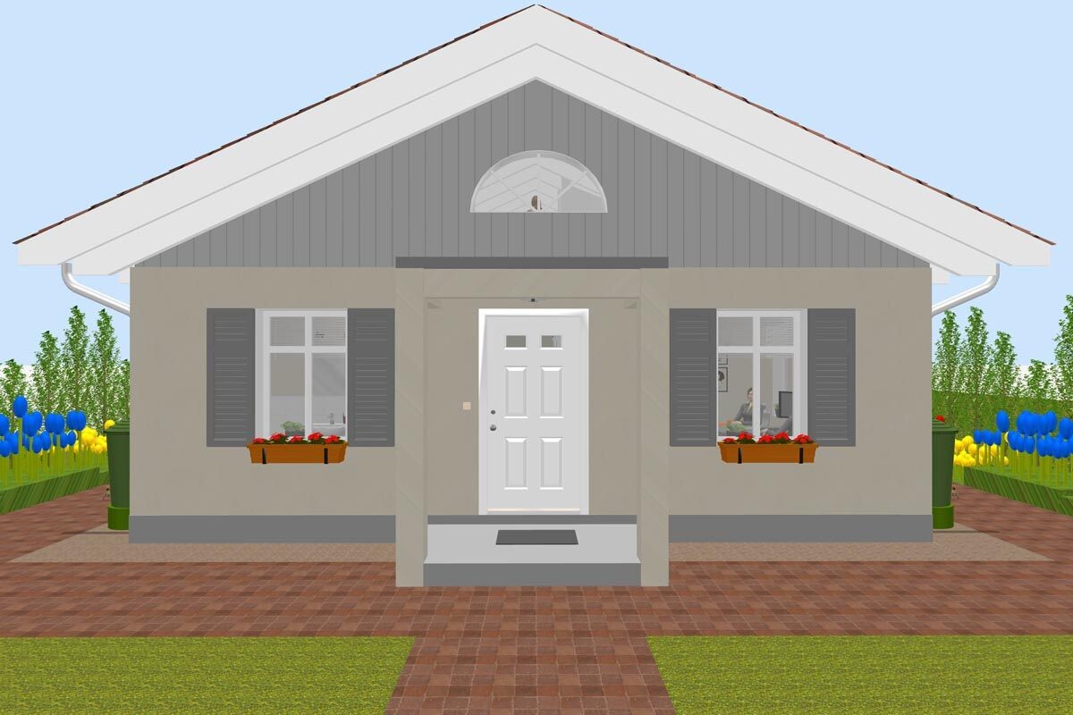 Vorderansicht eines kleinen Hauses: zwei Fenster, Blumenkästen, weiße Tür, gepflasterter Weg.