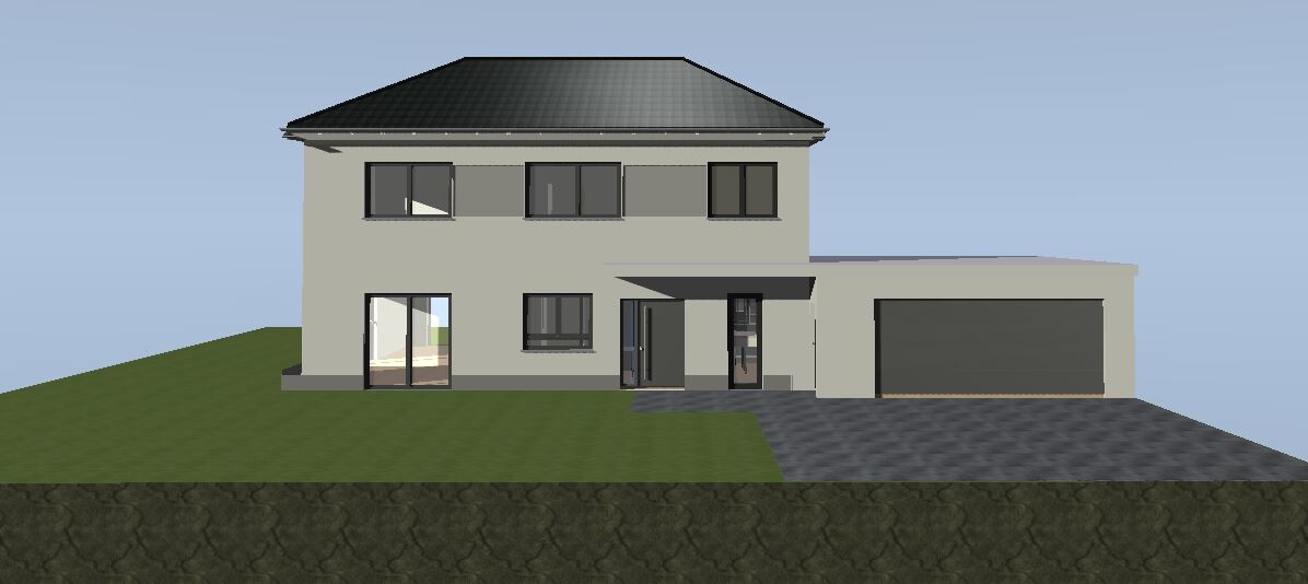 Zweistöckiges modernes Haus mit grauer Fassade, dunklen Fenstern, Garage und Zufahrt.