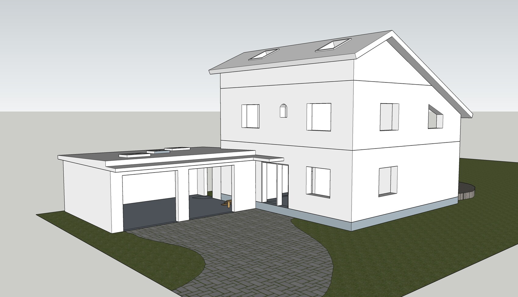 3D-Render eines weißen zweistöckigen Hauses mit Flachdach-Anbau und gepflasterte Einfahrt.