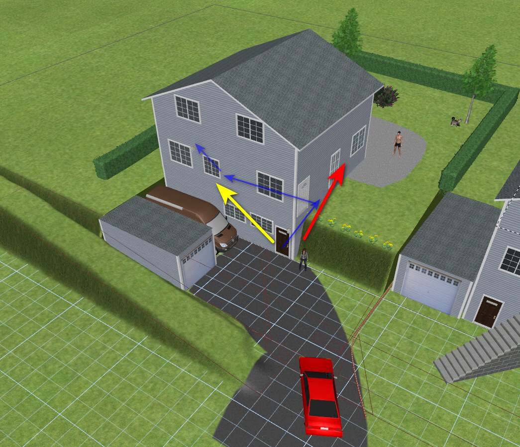 3D-Haus mit Garage, rotes Auto vor Einfahrt, gelber Pfeil zum Eingang, blaue Pfeile an Fenstern