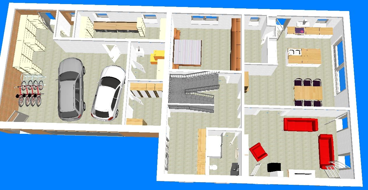 3D-Grundriss: Garage mit zwei Autos, Küche, Wohnzimmer, Essbereich, Schlafzimmer, Treppenhaus.
