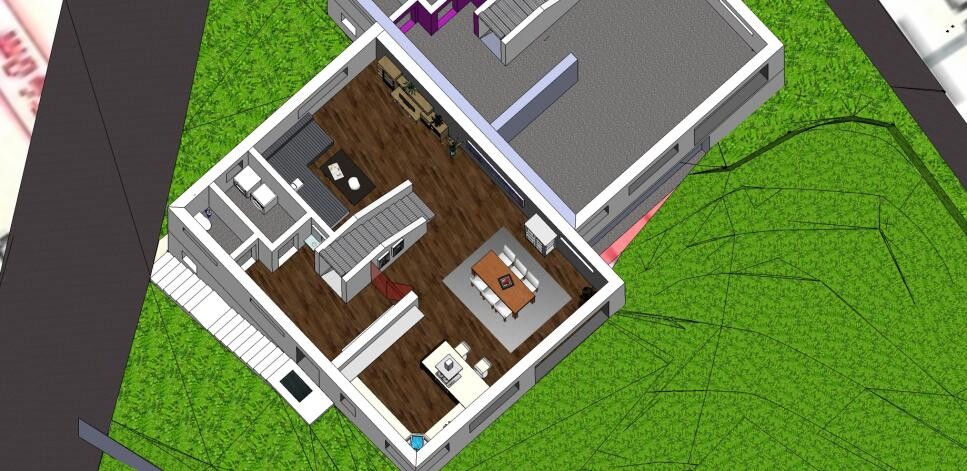 Eine 3D-Ansicht eines Hauses mit offener Küche, Essbereich und Wohnzimmer im Grundrissmodell