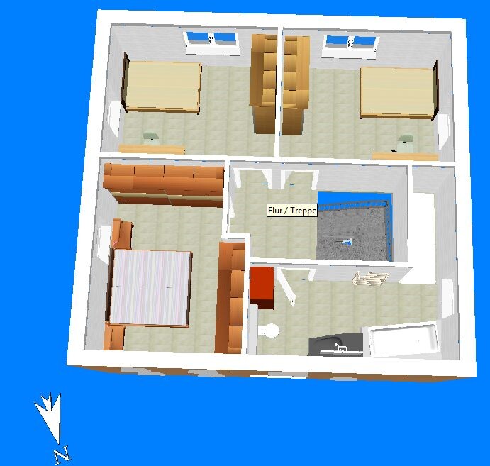 3D-Grundriss eines Hauses mit Flur/Treppe in der Mitte, mehreren Schlafzimmern und Bad/Küche.