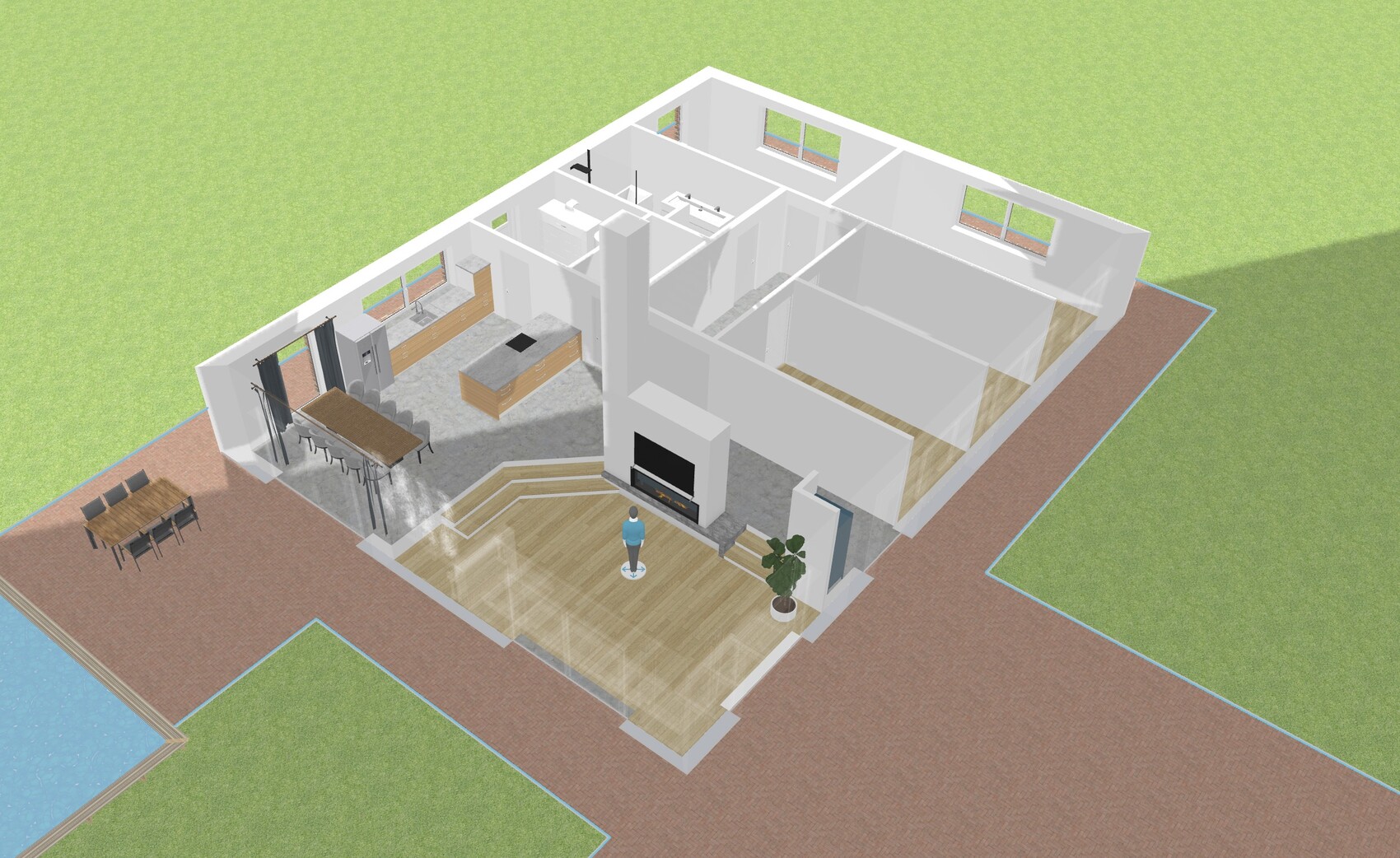 Isometrischer 3D-Hausgrundriss mit offener Kueche, Essbereich, Wohnzimmer und Garten.