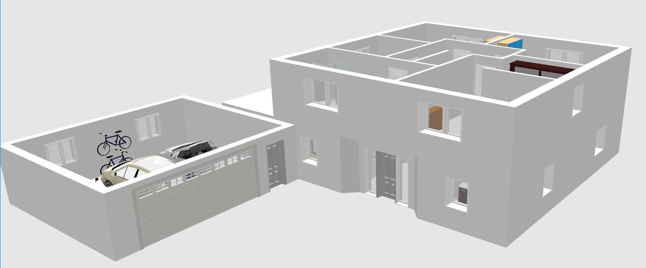 3D-Render eines zweistöckigen Hauses mit Garage; Auto im Hof, Fahrräder daneben.