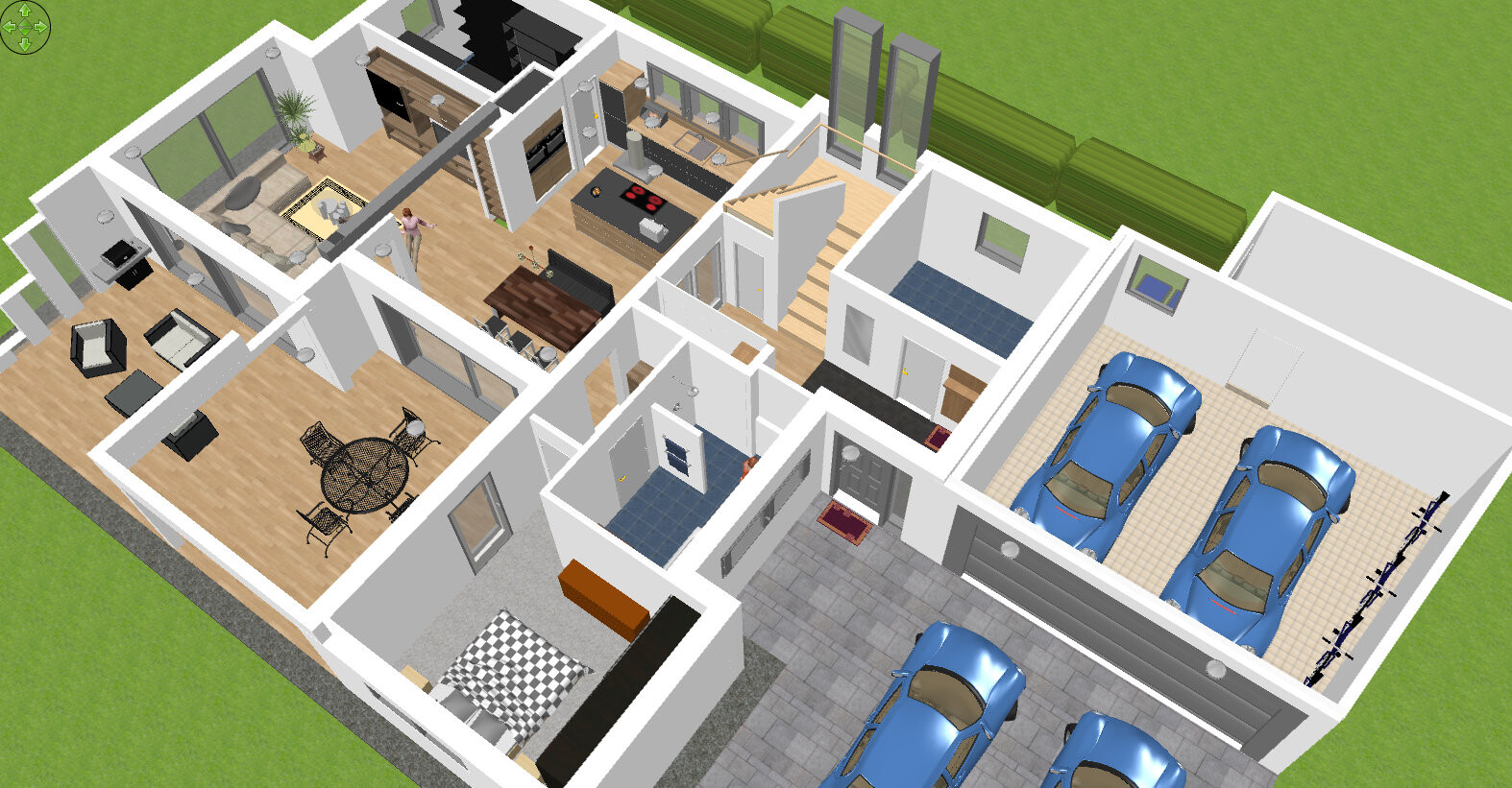 Isometrische Hausansicht: Küche, Wohnzimmer, Schlafzimmer, Bad und Garage mit Autos.