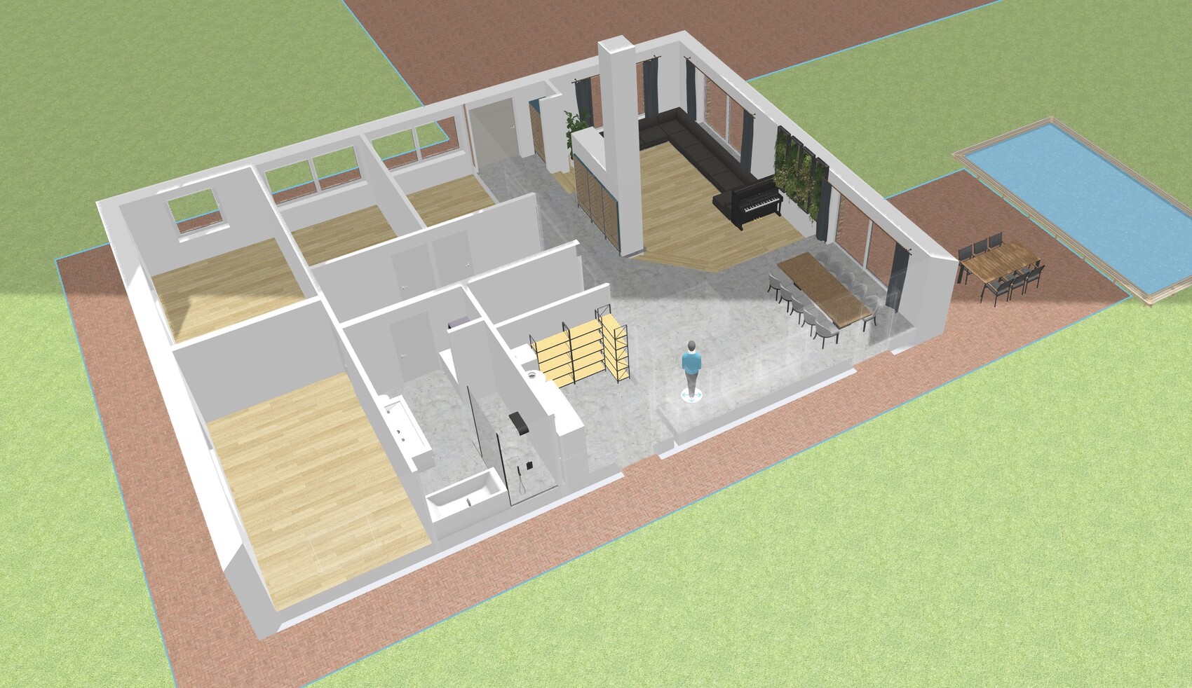 3D-Hausplan: Innenraumaufteilung mit Küche, Bad, Wohnzimmer; Außenbereich mit Pool und Esstisch.