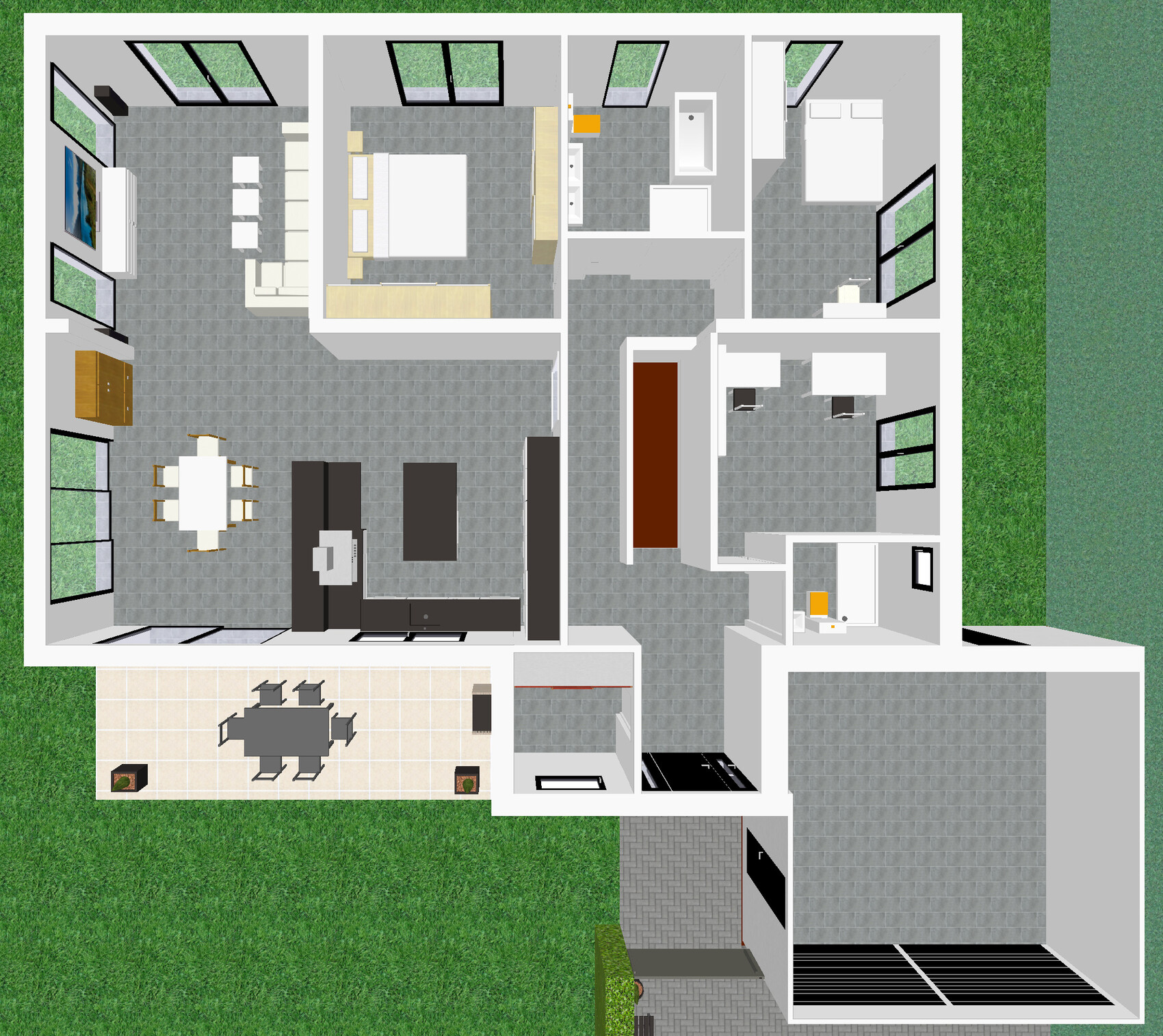 Grundriss eines Hauses von oben: Wohnzimmer, Küche, Schlafzimmer, Bad, Terrasse und Garten.
