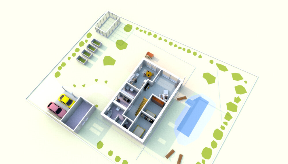 3D-Hausmodell auf Grundstück mit Garten, Zufahrt und Parkplätzen