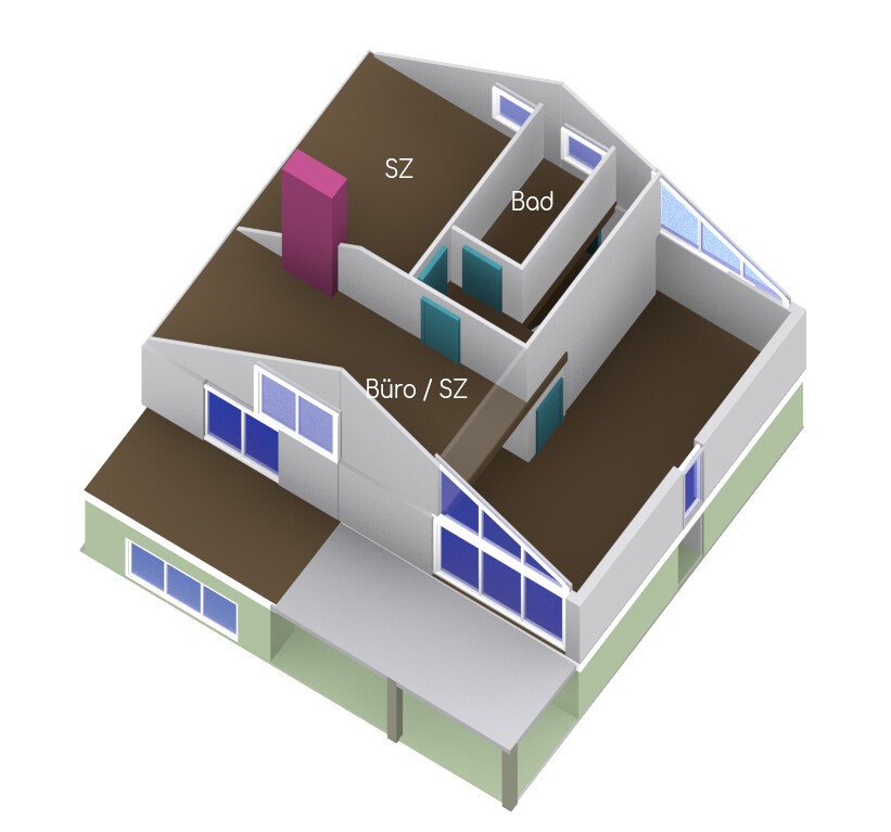 3D-Hausmodell von oben mit beschrifteten Räumen: SZ, Bad und Büro/SZ.