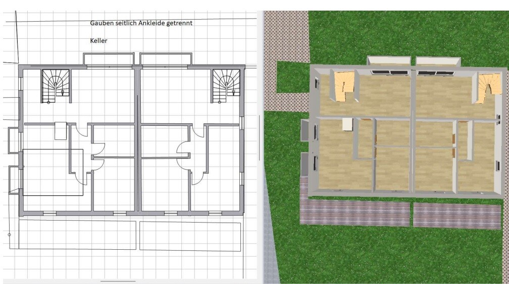 Zweigeteiltes Baubild: links Grundrissplan eines Hauses, rechts 3D-Ansicht mit Garten.
