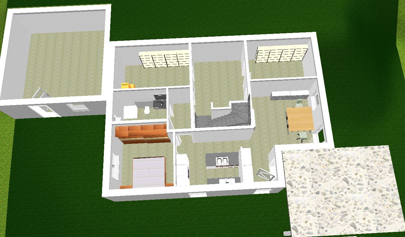 3D-Grundriss eines Hauses: Küche, Essbereich, Wohnzimmer, Bad, Schlafzimmer, Treppe, Garten.