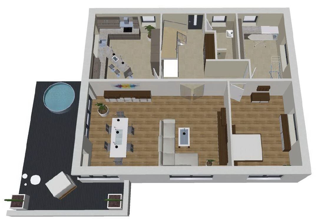 3D-Grundriss eines Apartments: Wohn-/Essbereich, Küche, Schlafzimmer, Bad, Flur, Balkon mit Pool.