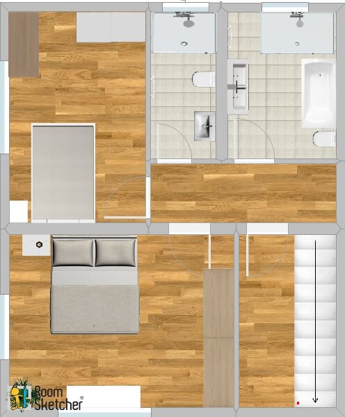 Grundriss einer Wohnung: zwei Schlafzimmer, zwei Badezimmer, Flur und Treppenaufgang.
