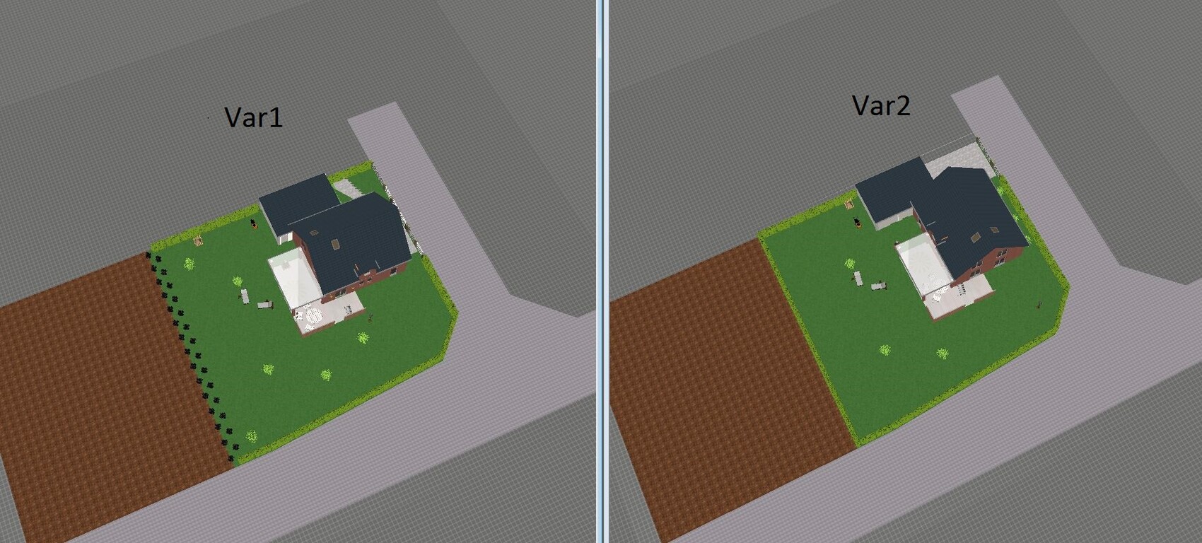 Zwei Ansichten eines Hausgrundstücks von oben: Var1 und Var2 mit Garten und Zufahrt.