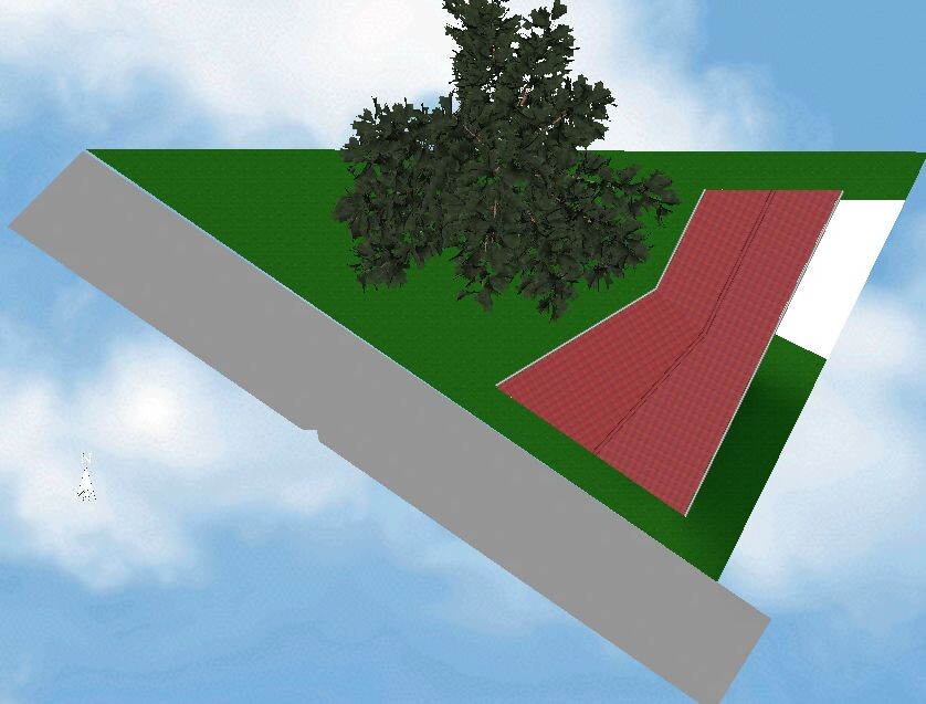 Schwebende grüne Dreiecksfläche mit Baum, roter Rampe und langem grauen Balken im Himmel