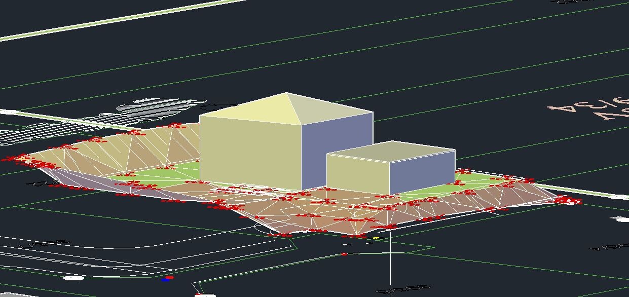3D-Gelände-Modell mit zwei rechteckigen Gebäuden auf geneigter Fläche und Gitternetz