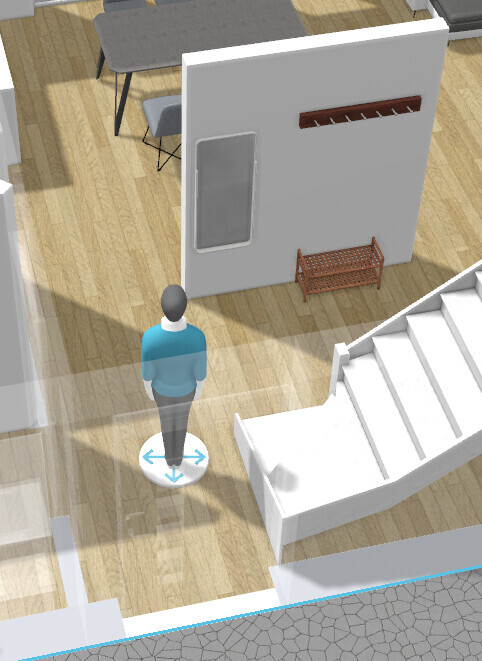 3D-Layout: Person von oben vor Trennwand mit Fenster, Garderobe, Sitzbank und Treppe.