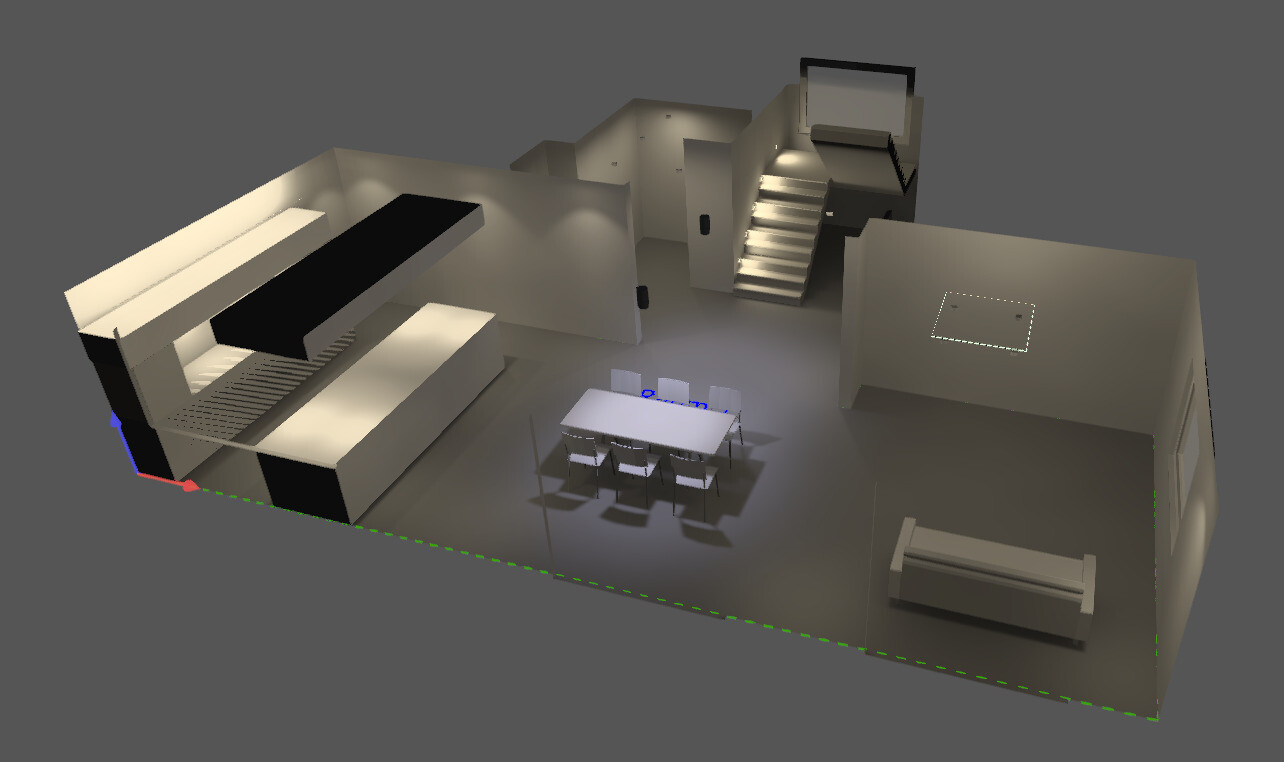 3D-Render eines offenen Innenraums mit Essbereich, Küche und Treppe
