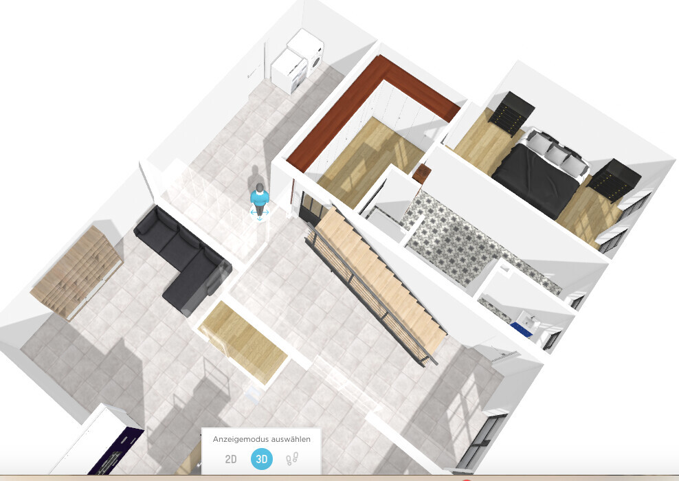 3D-Grundriss einer Wohnung: Wohnzimmer mit Sofa, Küche, Flur, Schlafzimmer, Treppe, Möbel