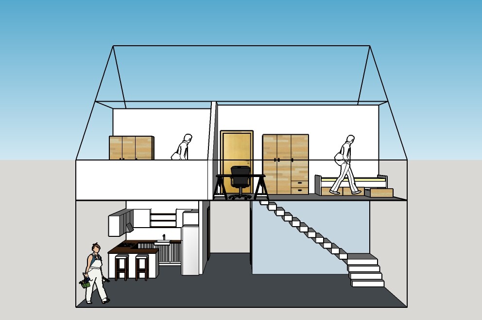 Schnitt durch zweistöckiges Haus mit Möbeln, Personen, Treppe, Kartons, Küche und Schlafzimmer.