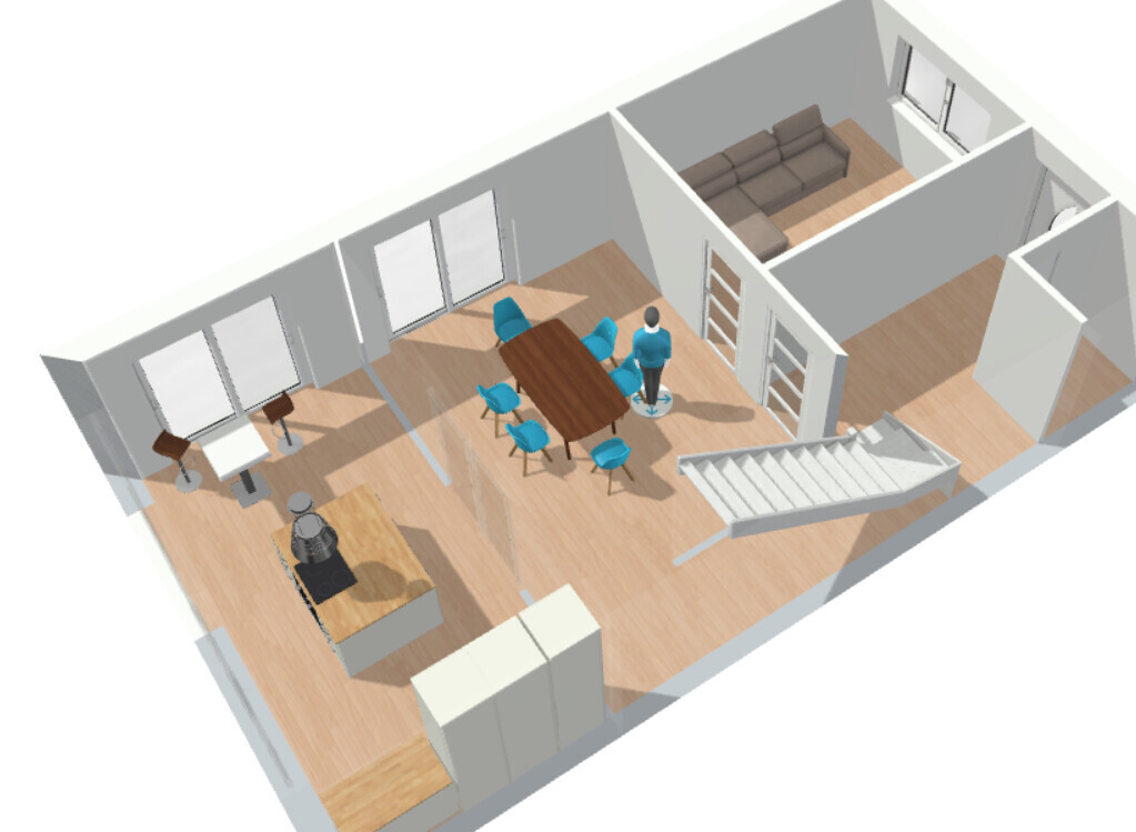 3D-Hausplan: Offenes Erdgeschoss mit Küche, Esstisch, Wohnzimmer und Treppe.