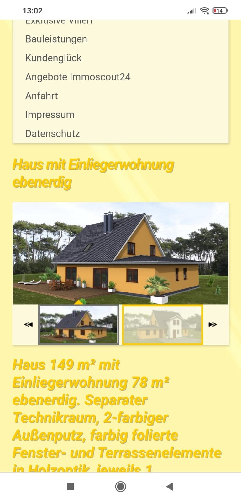 3D-Ansicht eines gelben Hauses mit ebenerdiger Einliegerwohnung, Terrasse und Garten.