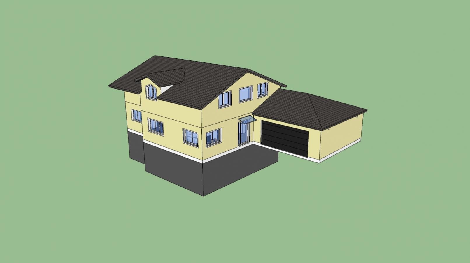 3D-Hausmodell mit gelber Fassade, grauem Dach und integrierter Garage