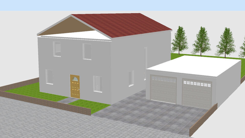 3D-Render eines zweistöckigen Hauses mit Garage, Einfahrt und grünem Vorgarten.