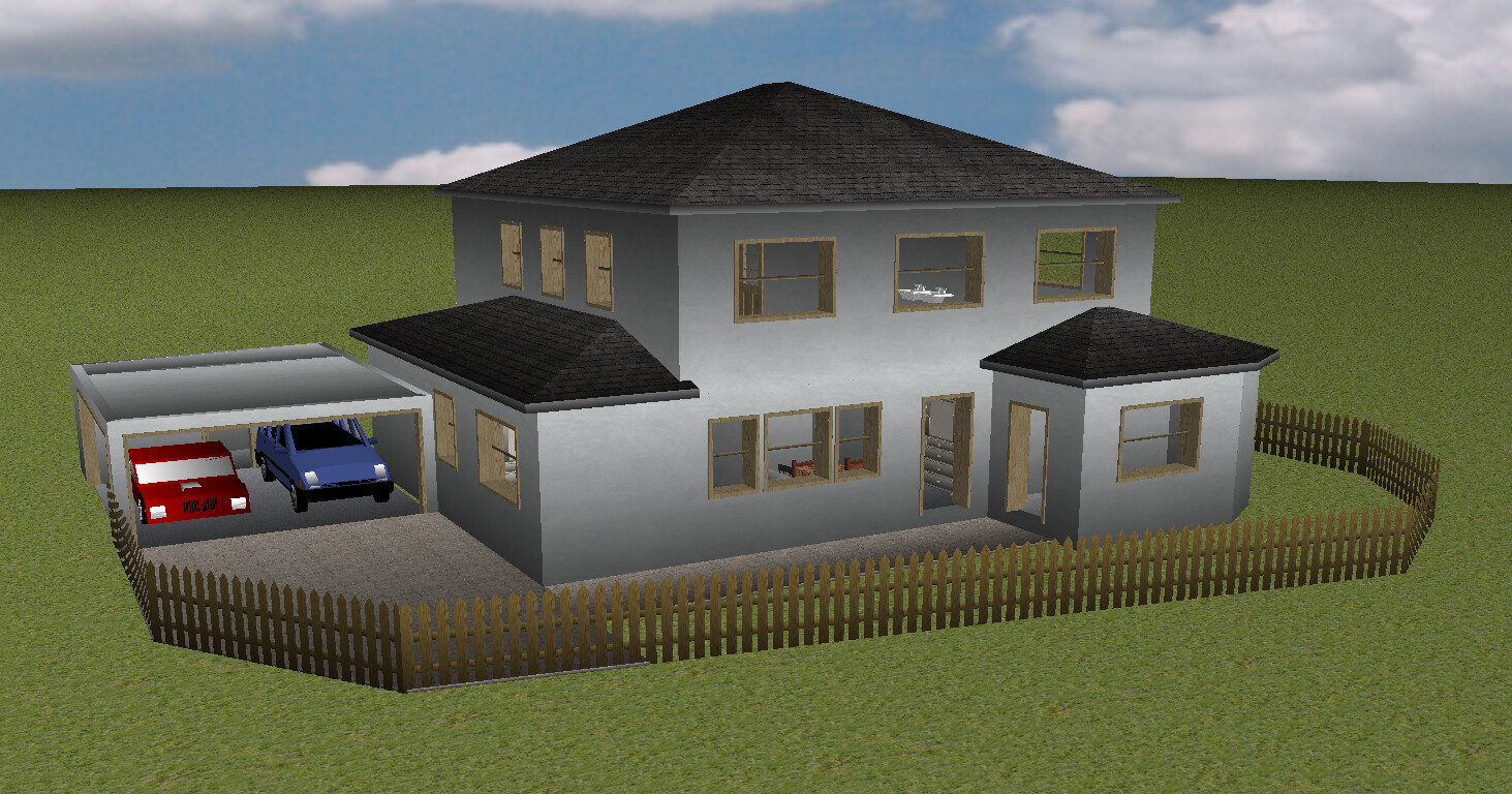 Zweistöckiges graues Haus mit angrenzender Garage, zwei Autos (rot und blau) und Holzzaun.