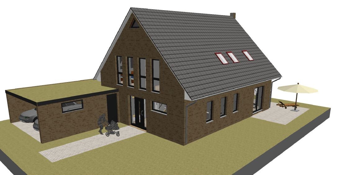 3D-Modell eines braunen Ziegelhauses mit Satteldach, Anbau/Garage, Auto und Terrasse.