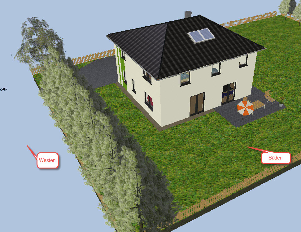 3D-Hausmodell auf Gartengrundstueck mit Terrasse, Zaun und Baeumen