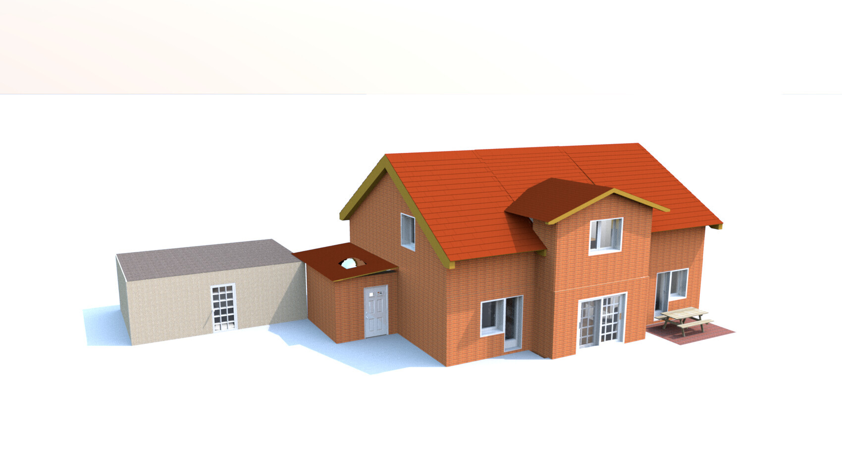 3D-Modell eines roten Ziegelhauses mit rotem Dach, Seitenanbau und Terrasse mit Tisch.