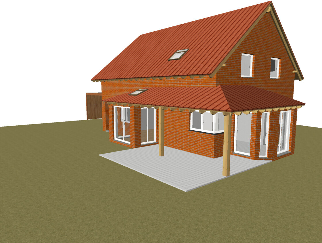 Ziegelhaus mit rotem Ziegeldach, großen Glasfronten und überdachter Terrasse mit Säulen.