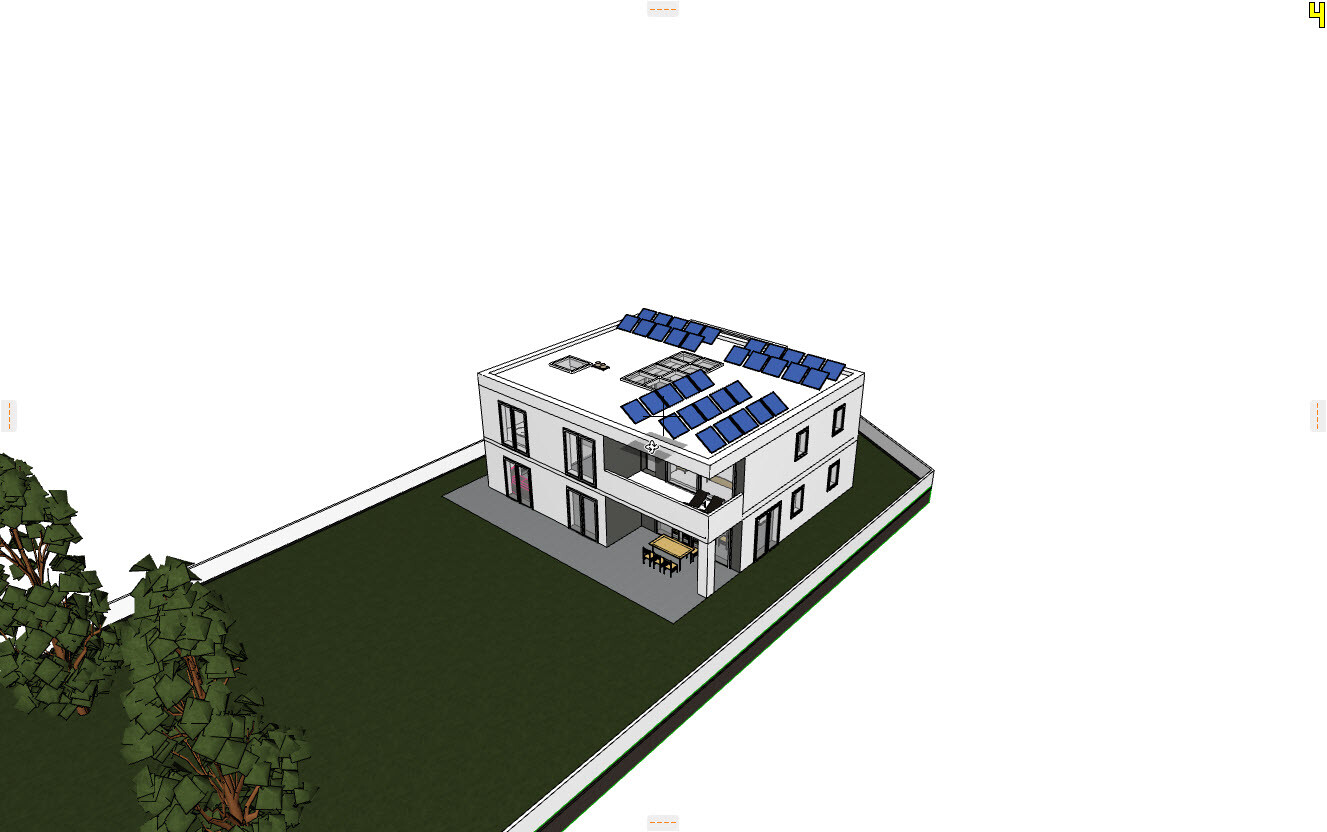 Modernes zweigeschossiges Haus mit Solarmodulen auf dem Flachdach, Terrasse und Garten.