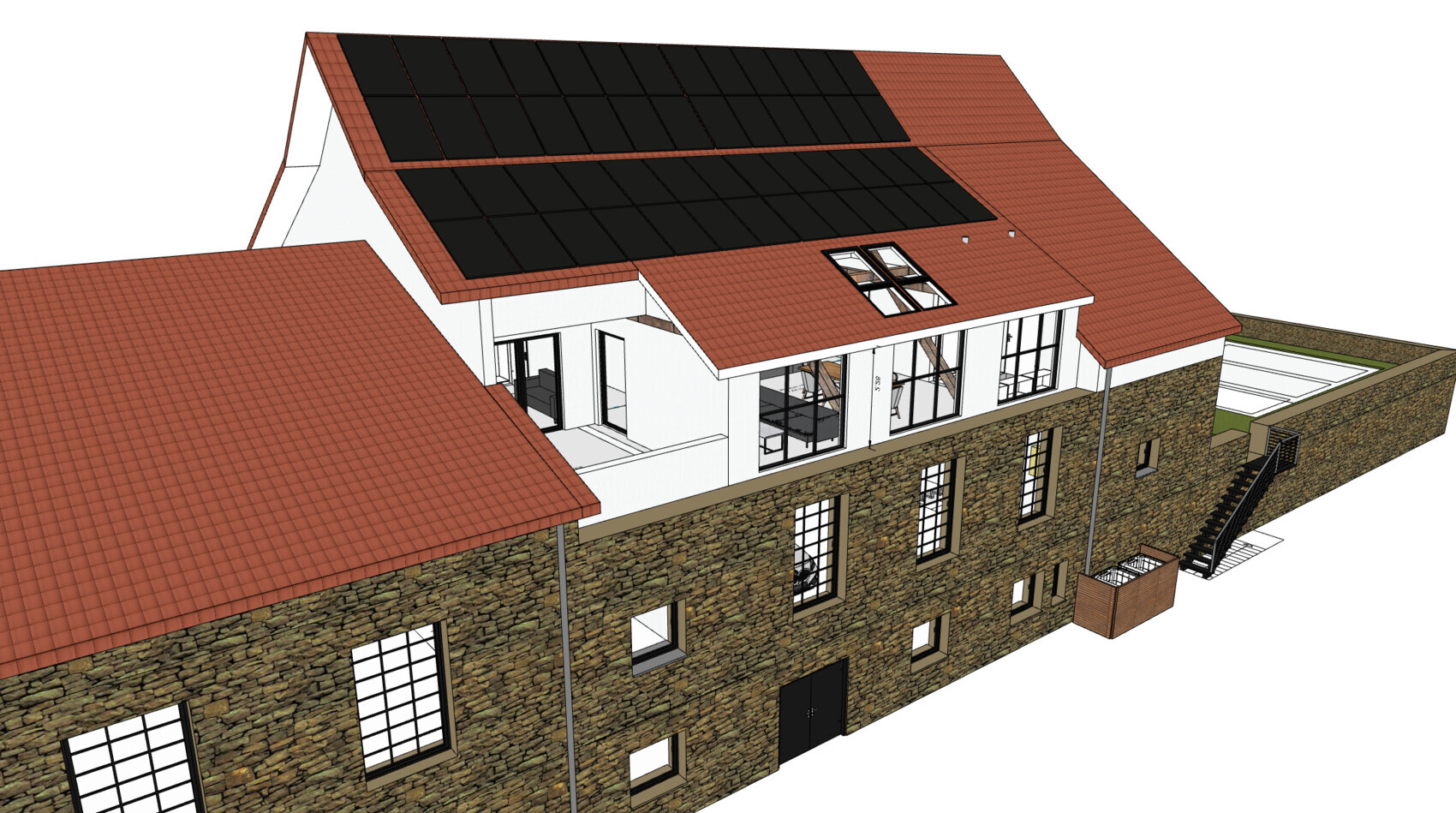 Architekturmodell eines Hauses mit rotem Ziegeldach, Solarmodulen, Steinfassade und Glasfronten.
