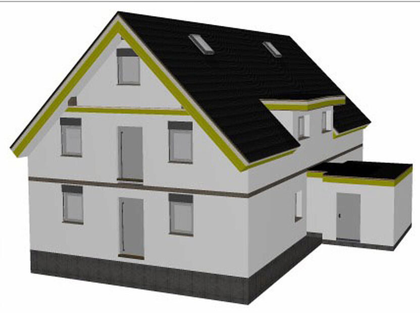 Zweistöckiges Haus mit Satteldach und seitigem Anbau, graue Fassade, schwarzes Dach, gelbe Akzente