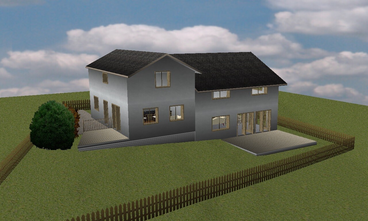 Zweistöckiges graues Haus mit dunklem Dach, Garten, Holzzäune und Terrasse.
