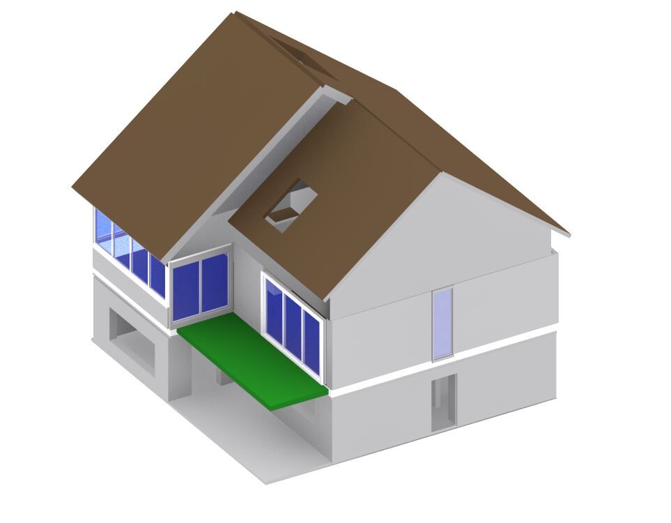 3D-Isometrisches Haus mit braunem Dach, großen Glasfenstern und grüner Terrasse