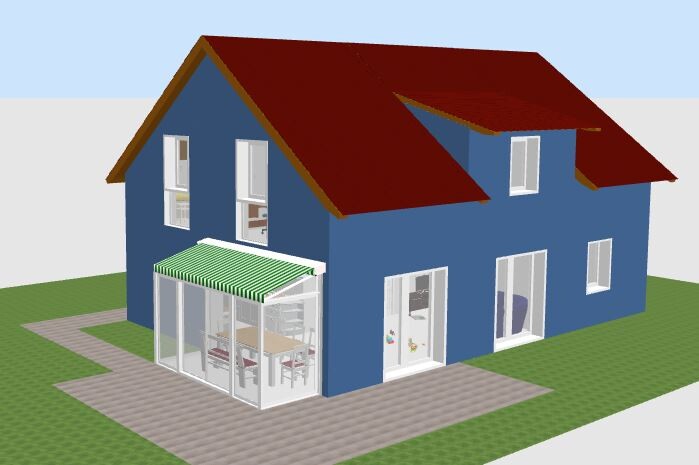 3D-Hausmodell: blaues zweistöckiges Haus mit rotem Dach und Glas-Veranda