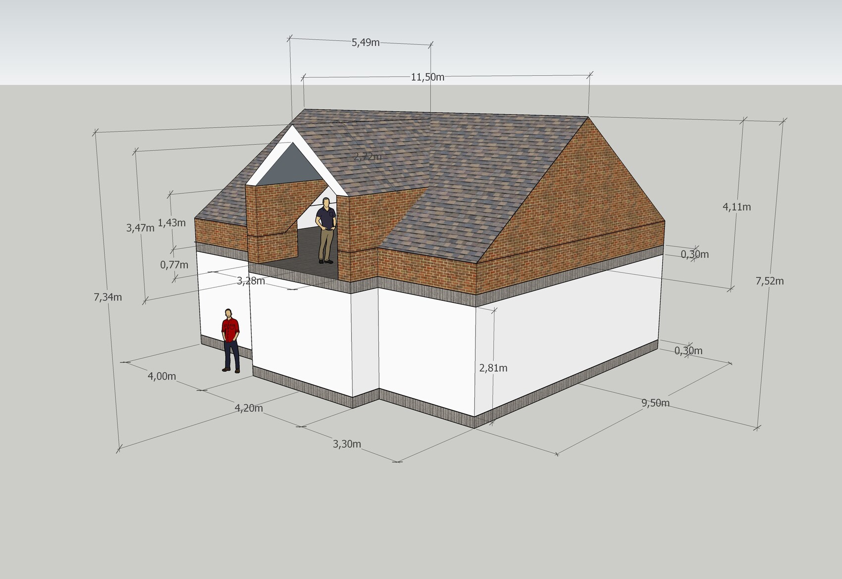 Dreidimensionales Hausmodell mit Ziegelwänden, Dach, Fundament und Maßlinien, zwei Personen